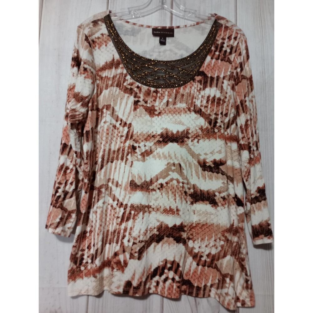 Dana Buchman Top, Ladies‎ Large Long Sleeve, Brown Beaded Neck, Career Casual
